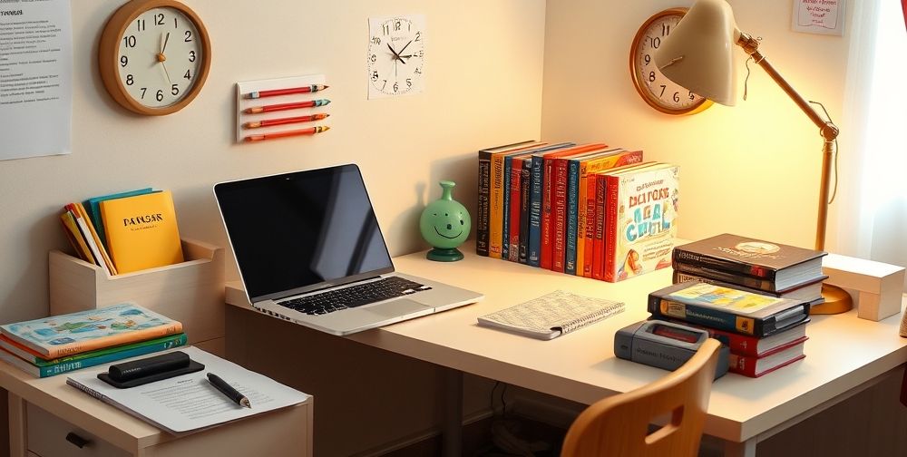 A modern study desk in a child’s bedroom with a half-opened laptop, colorful educational books, a simple wall clock, and a stack of classic video game cartridges. The scene shows a realistic mix of schoolwork and fun, symbolizing parental guidance and time balance in a cozy Persian home.