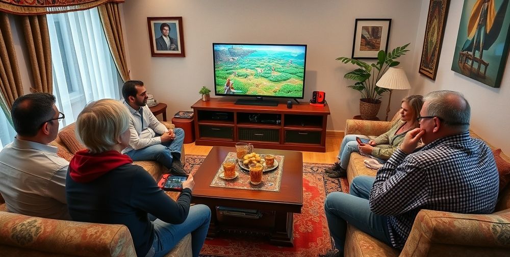 An Iranian family in their living room, a Nintendo Switch set up on the TV, everyone enjoying a multiplayer game. Persian carpets, tea glasses on the table, and a sense of togetherness, creating a warm and inviting mood.