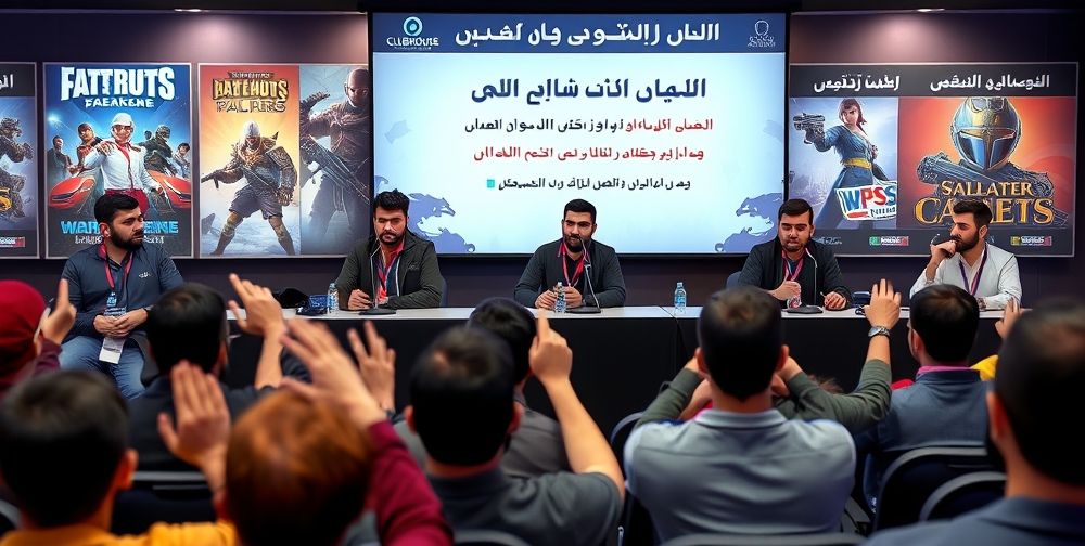 A panel of Persian gaming journalists and developers seated at digital microphones in a virtual Clubhouse event, audience avatars engaging through hand-raise icons, with game posters and Persian text banners in the background.