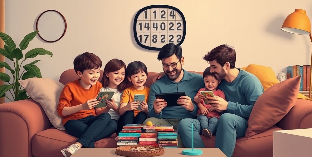 A cozy living room, a family gathered around their Nintendo Switch, carefully choosing original games from a small library. A wall calendar in the background reads "1404-02-22", symbolizing up-to-date awareness.