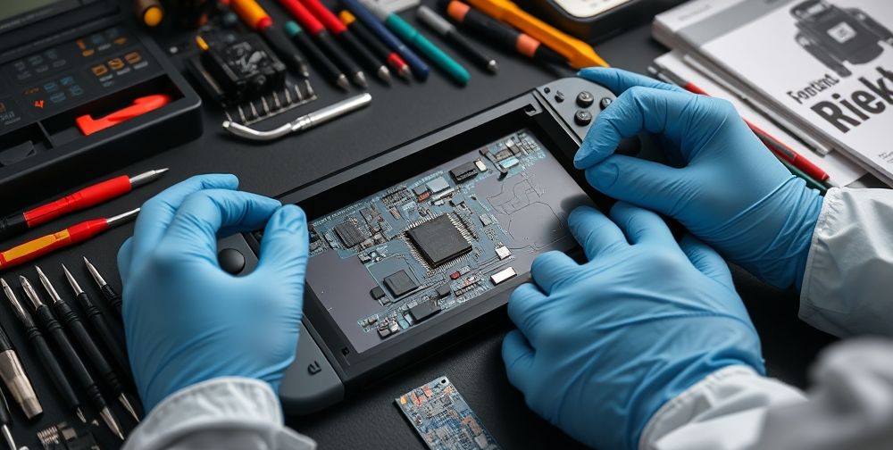 An electronics workbench with a disassembled Nintendo Switch, precision screwdrivers, electronic tester tools, and repair manuals. A technician with gloves inspects the motherboard carefully, emphasizing a professional repair setting.