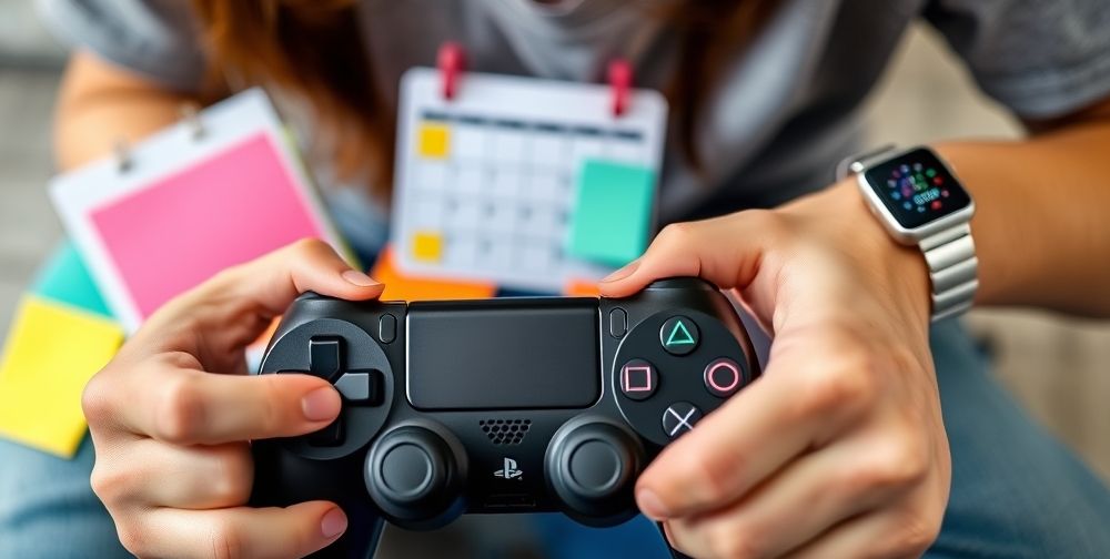 A close-up shot of a PlayStation controller in a teenager’s hands, with a physical calendar, color-coded sticky notes, and a smart watch showing an active timer, highlighting the fusion of digital play and real-world time management tools.