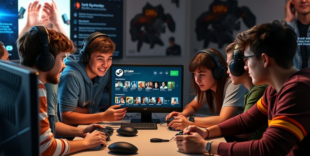 A diverse group of young gamers gathered around a screen, discussing game achievements on Steam, with in-game chat, community forums open, and visible user badges glowing.