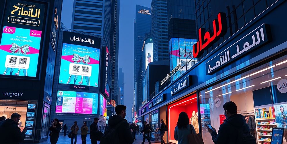 A futuristic cityscape with digital billboards displaying animated gift card codes and people using smartphones for seamless cashless shopping in modern boutiques, Persian signs above shop windows.