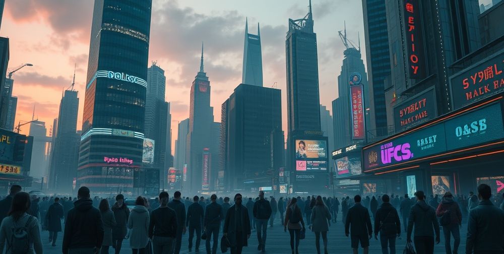 A hyper-detailed artwork of a futuristic city at dusk, neon lights reflecting off glass skyscrapers, with diverse characters walking through crowded streets. The city conveys an atmosphere of mystery and narrative potential, symbolizing the immersive worlds of 2025 story games.