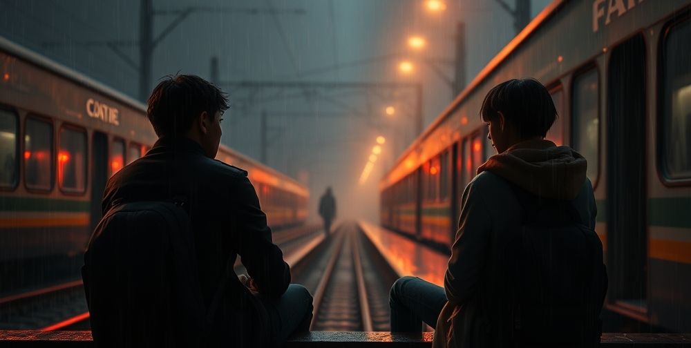 An intense scene showing two characters sitting across from each other at a rainy train station, illuminated by moody lights, hinting at a dramatic narrative choice. The atmosphere captures the personal, choice-driven nature of narrative games launching in 2025.