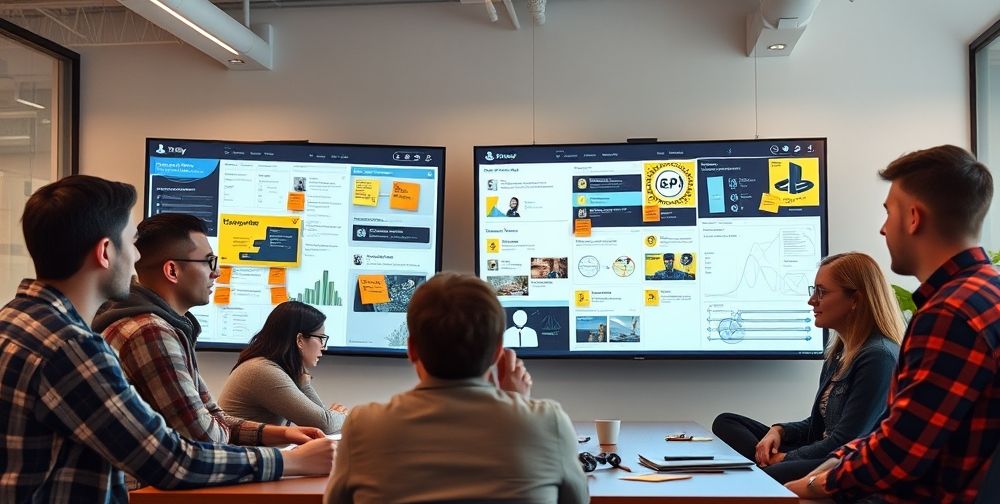 PlayStation development team in a modern office, reviewing large digital dashboards of real-time user feedback, post-it notes with players’ ideas, and collaborative brainstorming session.