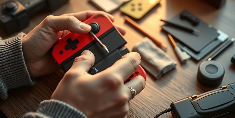 Close-up of a Persian gamer’s hands gently removing and cleaning Nintendo Switch Joy-Cons with specialized tools and microfiber cloths next to modern gaming accessories, under soft afternoon light.