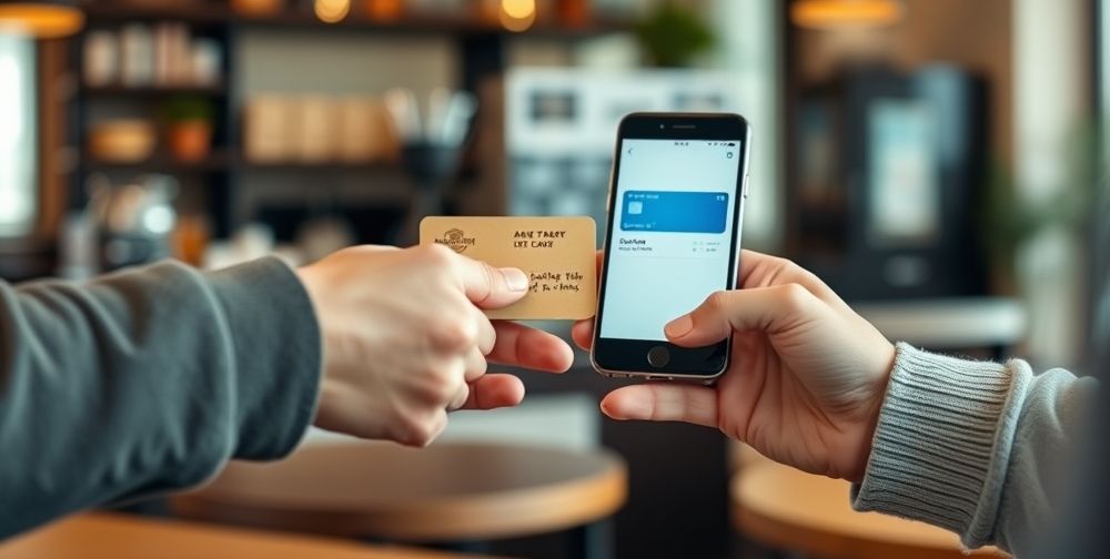 A closeup shot of hands exchanging a physical gift card and a smartphone showing a digital card. The setting is a cheerful coffee shop, suggesting trust and interpersonal exchange.