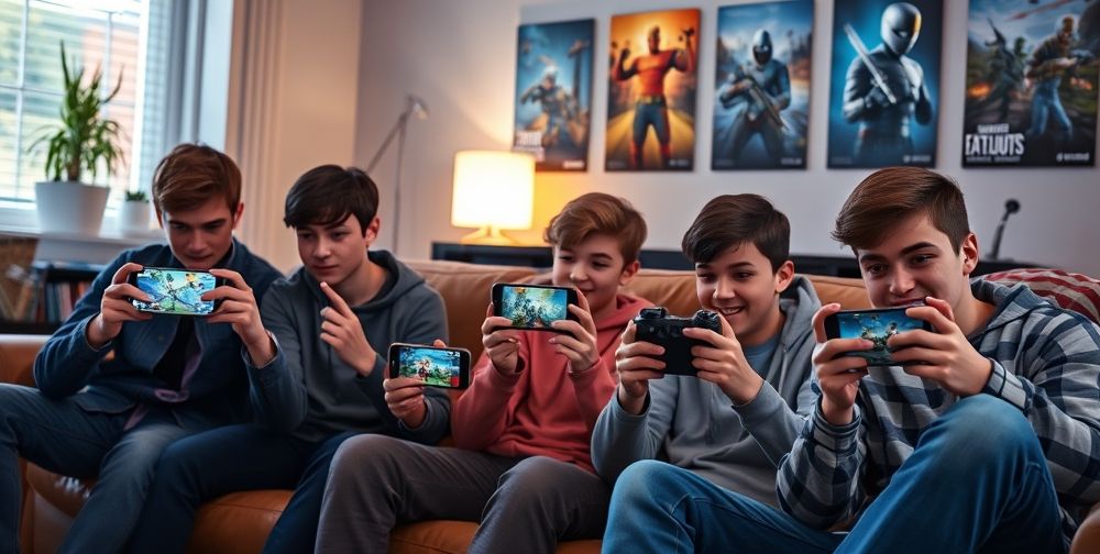 A dynamic scene of young gamers sitting in a modern living room, intently playing action games on the latest smartphones. Bright screens, fast reactions, and a sense of excitement on their faces, with posters of popular action mobile games on the wall.
