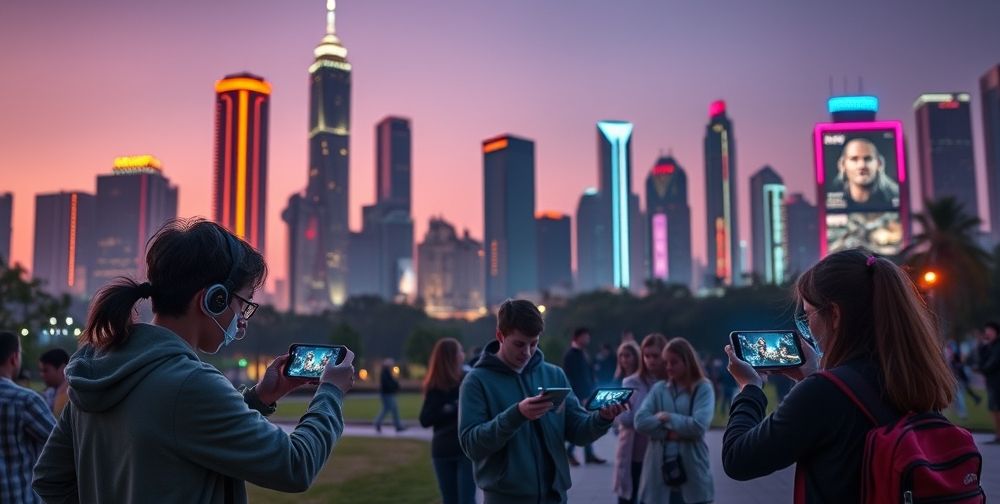 A futuristic cityscape at dusk, illuminated by neon lights and filled with holograms of action game heroes projected from smartphones. Teenagers are interacting with AR-based shooting games in a public park, their screens glowing vividly in the semi-darkness.