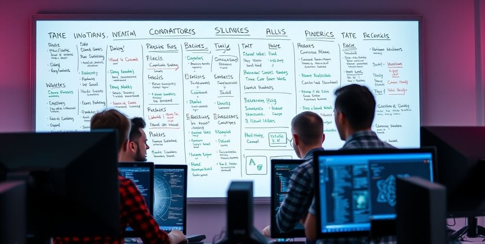 A close-up of a digital whiteboard in a game studio, filled with flowcharts, code snippets, and AI logic diagrams. Game developers from diverse backgrounds are discussing ideas in front of the board, reflecting intensity and creativity. The room is lit with soft neon lights, showcasing computers with complex simulation graphics running.