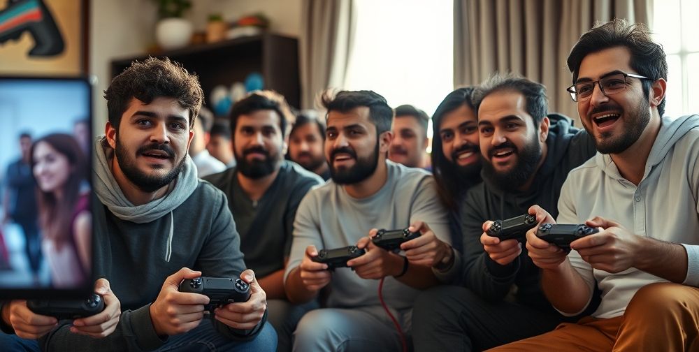 A close-up of a diverse group of Iranian gamers sitting at home, holding controllers and reacting emotionally as they watch a live news stream about a highly anticipated game. Their expressions show a mix of shock, joy, and critical engagement. Sunlight filters through modern Persian decor.