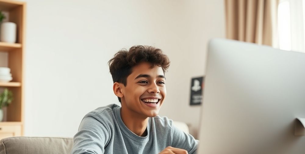 A cheerful young person in front of a computer screen, happily redeeming a digital gift card code. The screen shows various platform logos like PlayStation, Netflix, Google Play, representing digital purchasing freedom. Bright indoor, cozy ambiance.