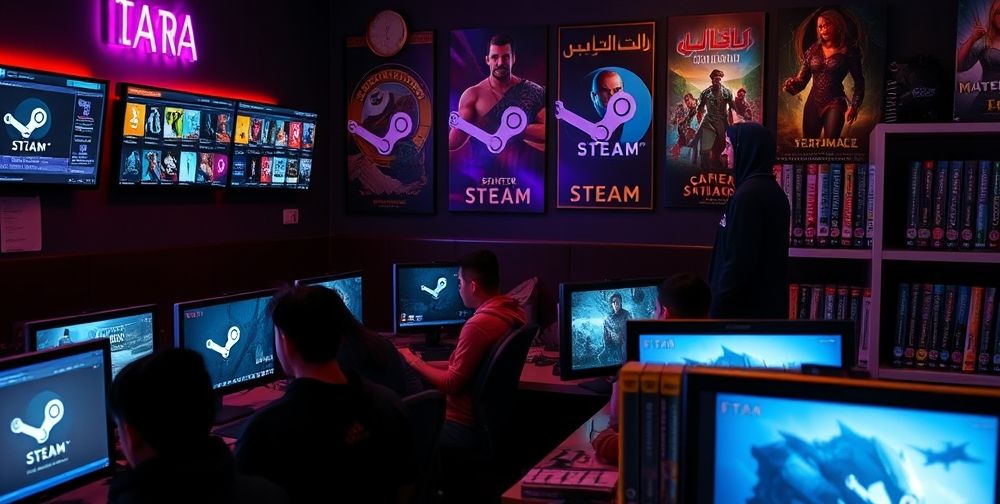 A bustling Iranian PC gaming cafe with young men and women focused on screens showing Steam game libraries, vibrant neon lights illuminating detailed posters of popular Steam titles, and a shelf of boxed PC games, reflecting the social and digital nature of game selection in Iran.