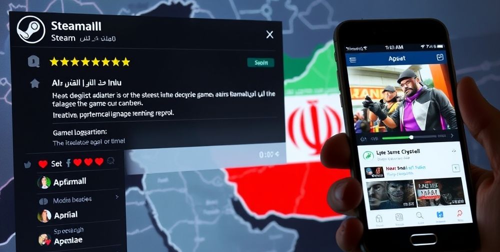 A close-up of an online Steam game review interface with Persian user comments, star ratings, and thumbs-up icons; a digital map of Iran in the background highlights the localization of gaming experiences, while a smartphone displays a screenshot of a popular game review channel on Aparat.