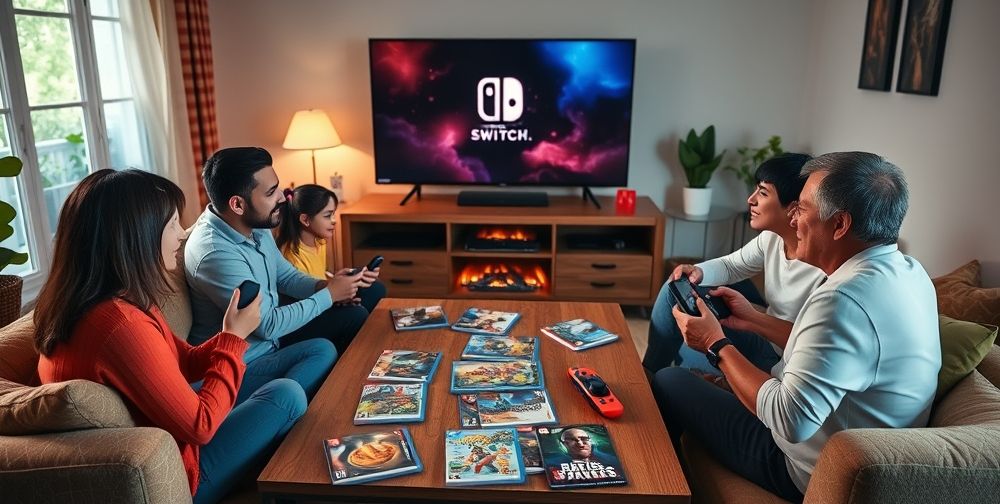 A cozy living room scene with a family gathered around a large TV, playing Nintendo Switch together. Bright joy-cons, game covers scattered on the table, and a sense of togetherness.