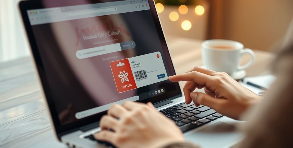 A close-up of a laptop screen where a person is redeeming a digital gift card code on a familiar online platform. In the background, a cup of tea, a notepad, and soft ambient light create a warm, inviting environment, suggesting comfort and safety in the digital transaction.
