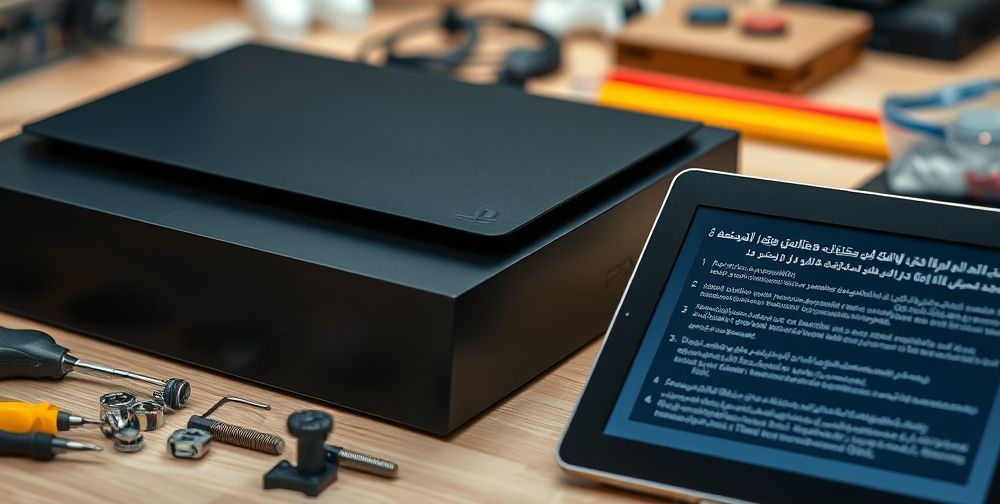 Close-up of a PlayStation console with its cover slightly open, surrounded by small tools and replacement parts on a professional technician’s desk, while a detailed troubleshooting guide in Persian is shown on a tablet nearby.
