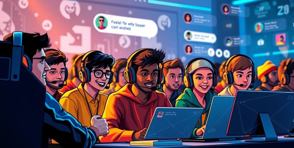A lively scene in an online multiplayer game: gamers from different cultures using headsets, expressive avatars interacting, dynamic chatbox, and sleek UI overlays. The image should evoke high social engagement, digital community vibes, and a sense of fun.
