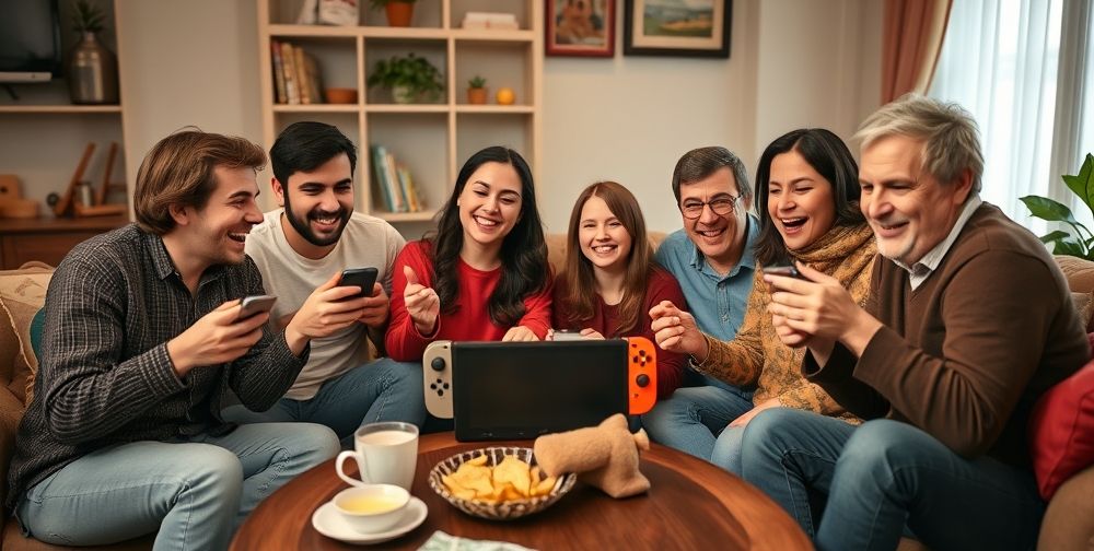 Joyful young Iranian adults gathered around a Nintendo Switch console in a cozy living room, playing Mario Kart 8 Deluxe together, laughter and excitement on their faces, chips and tea on the table.