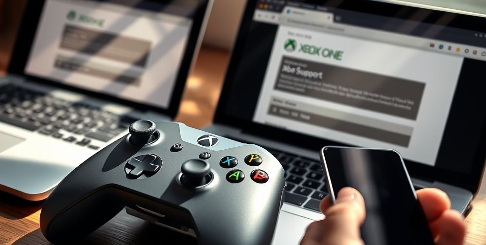 A high-resolution close-up of an Xbox One controller next to a laptop and a smartphone open to the official Xbox support page, illustrating a user searching for error code solutions online as beams of daylight shine onto the devices.