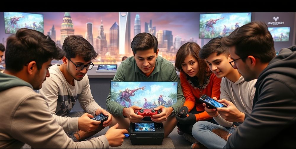 A diverse group of young gamers from different countries gathered around smartphones and consoles, intensely playing and sharing feedback on an Iranian fantasy video game, with city skylines and digital screens in the background showing gameplay moments.