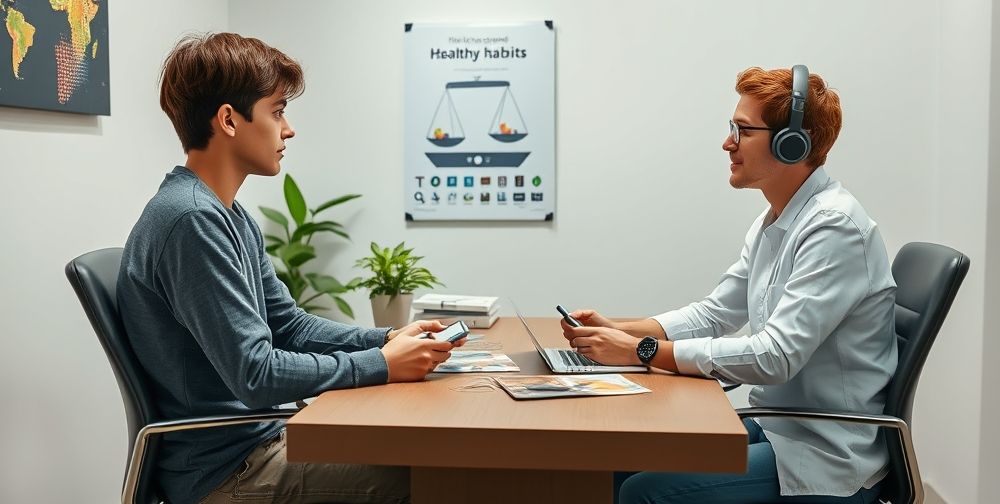 A detailed scene of a modern therapist’s office where a young person consults with a psychologist about healthy gaming habits. The psychologist’s desk holds mental health brochures, and on the wall hangs a poster depicting the balance between technology and well-being.