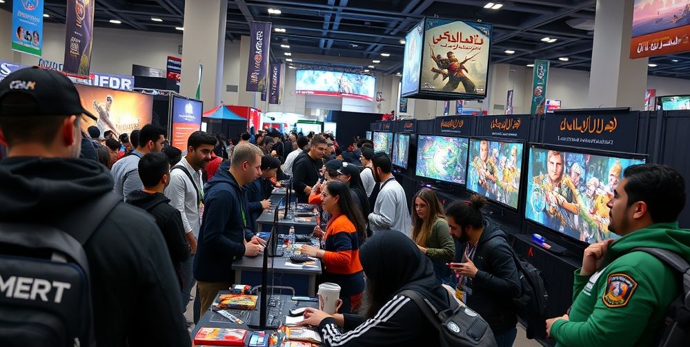 A dynamic Tehran gaming convention: passionate Iranian gamers discussing new game releases at colorful booths, lively panels with Persian banners, and development teams attentively listening to fan feedback.
