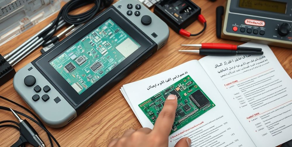 An organized indoor repair workspace with an open Nintendo Switch, circuit board exposed, tweezers and logic board tester nearby. A Persian-language repair manual is open beside multi-colored microchips and a technician's hand pointing to a specific IC chip on the board.