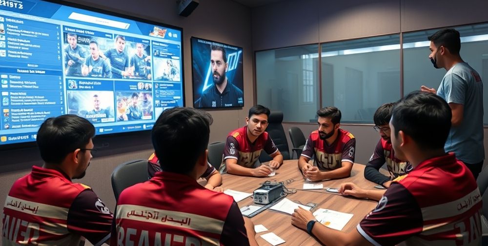 A focused esports team strategy session; large digital board showing latest game updates, diverse players in branded jerseys, Persian notes, and team leader explaining news impact.