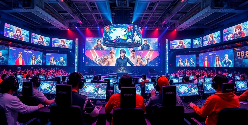 A vibrant professional gaming arena featuring multinational gamers, diverse AI-powered characters on massive screens, and data visualizations showing real-time behavioral analytics for improved engagement.
