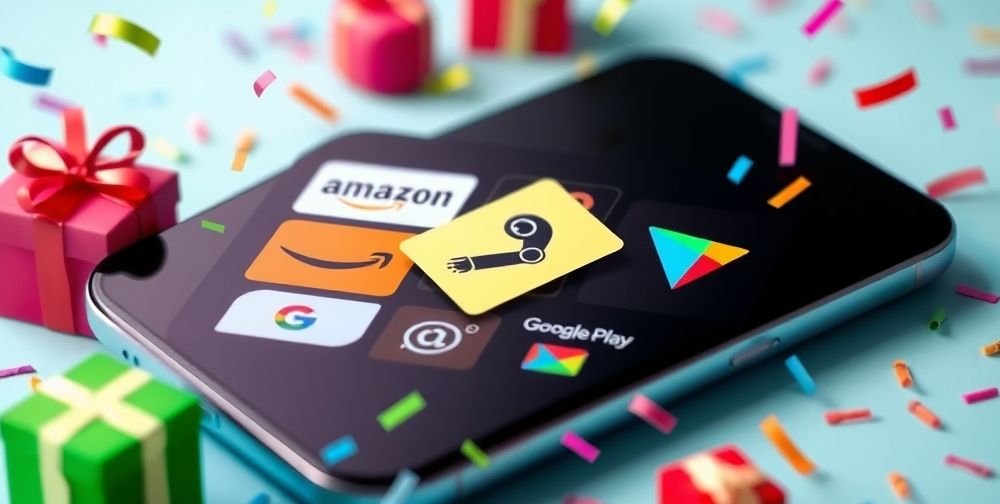 A vibrant digital interface displaying a variety of gift card brands: Amazon, Steam, Google Play, surrounded by animated festive icons like gift boxes and confetti on a modern smartphone screen.