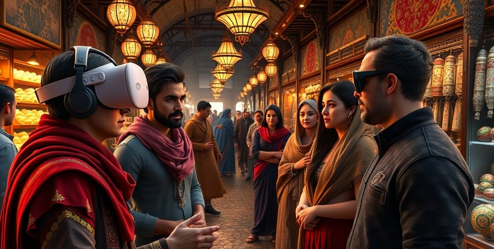 A diverse group of lifelike AI-generated virtual characters engage in realistic conversation and emotional interaction with a VR player avatar in an immersive Persian bazaar-themed game world, filled with detailed textures, lighting, and bustling activity.