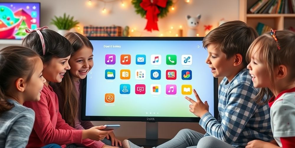 A cheerful group of children gathered around a large digital screen, happily browsing various colorful app icons representing games, educational platforms, eBooks, and music streaming, with modern gadgets and festive decorations in the background.