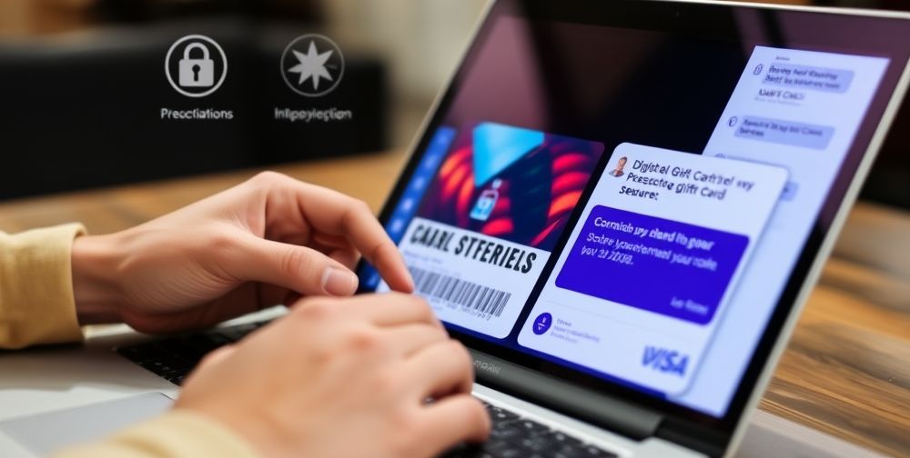 Close-up of a user’s hand entering a digital gift card code on a sleek laptop, with security icons and a live chat window providing assistance, reflecting a secure and supported purchase experience.