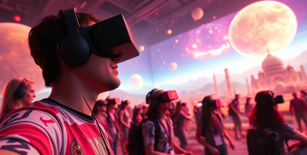 A vibrant immersive gaming scene, players wearing headsets lost in an AI-driven virtual world filled with procedurally generated Persian-inspired landscapes, dynamic non-player characters, and glowing data streams flowing in real time.