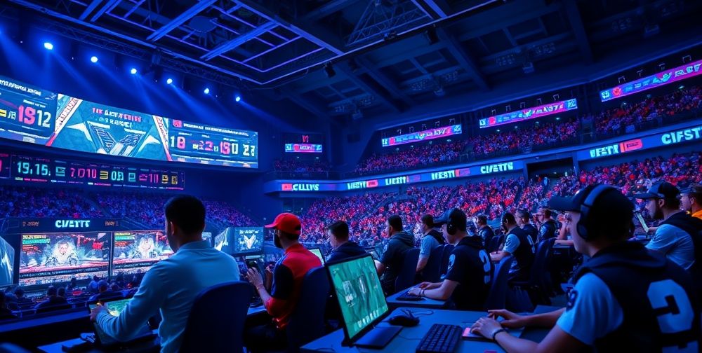 A futuristic esports arena, diverse gamers intensely competing with AI-powered virtual coaches, digital stats, and real-time crowd reactions under neon blue lights.