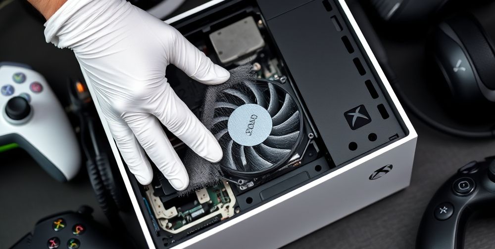 A detailed close-up of an open Xbox Series X, hands with white gloves gently cleaning internal fans and dust filters, surrounded by modern gaming gear, emphasizing preventive maintenance and device longevity.