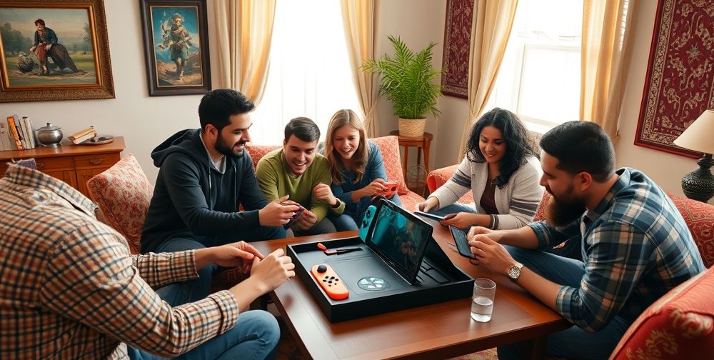 A lifestyle photo showing a diverse group of friends playing with the Nintendo Switch Pro in tabletop mode in a cozy Persian-style living room. Sunlight fills the room, and the players are clearly enjoying a multiplayer game session, hinting at both fun and social use.