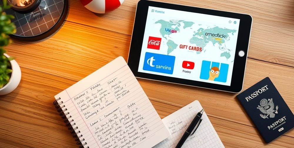 A desktop workspace featuring a tablet displaying various digital gift cards for global brands, a notebook with handwritten travel plans, passport and pen, warm light, symbolizing safe online purchases abroad.