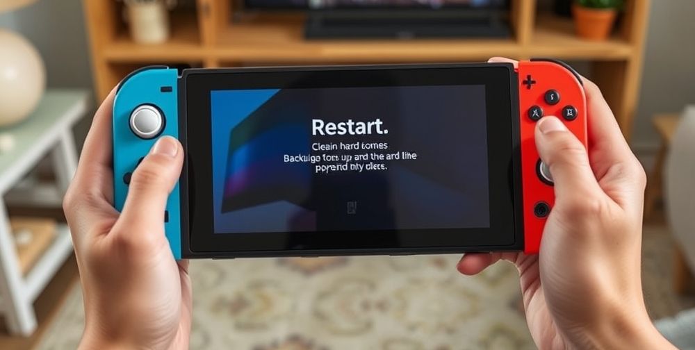 A close-up of two hands holding a Nintendo Switch at a restart screen, clear icons and notifications on the display, with background details such as visible home décor items and a backup hard drive in view, highlighting preparation for reset.
