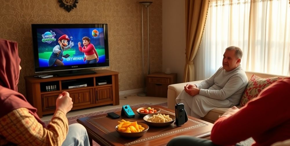A close-up of a cozy Iranian living room where a family gathers around a Nintendo Switch, the TV showing a joyful multiplayer game, Persian snacks on the table, and sunlight through traditional window drapes.