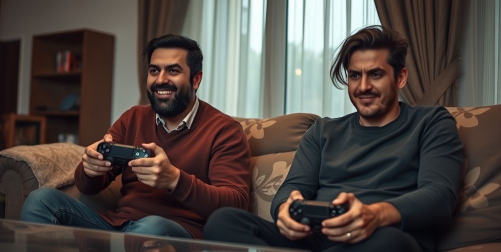 A tense scene with one partner happily playing PlayStation in a modern Persian apartment, and the other looking a bit withdrawn or frustrated on the couch beside them. Subtle details reveal both digital excitement and emotional distance.