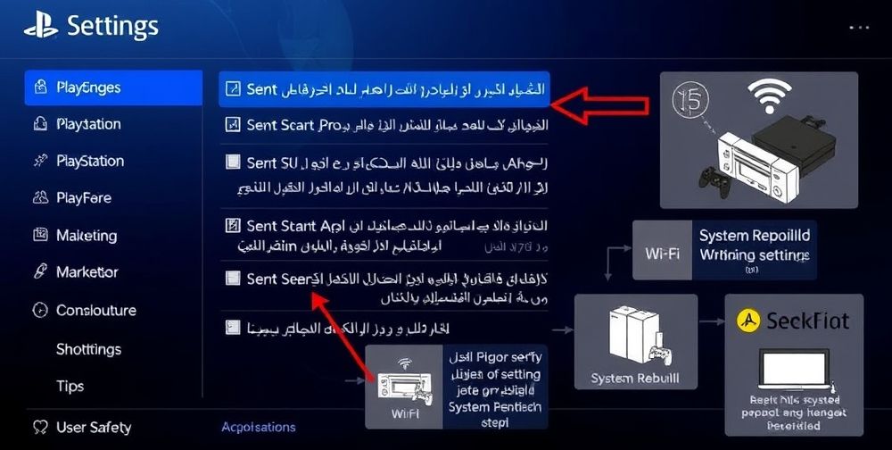 A detailed breakdown of the PlayStation settings screen, with a user navigating through the error troubleshooting menu, step-by-step instructions overlaid in Farsi text, and supportive graphics illustrating Wi-Fi, system rebuild, and user safety tips.