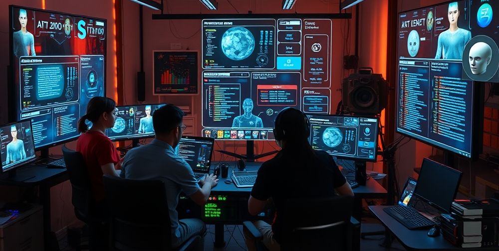 A futuristic game development studio: designers collaborating around holographic screens displaying both AI code and human player statistics. The atmosphere suggests seamless teamwork and innovation, with visible AI-assisted workflows enhancing creativity.
