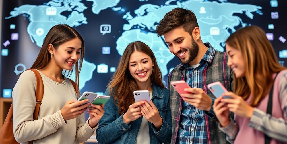 A group of young people, two women and a man, are giving each other digital gift cards using their smartphones. The background shows digital icons representing app stores and online gaming, symbolizing global access and seamless gifting.