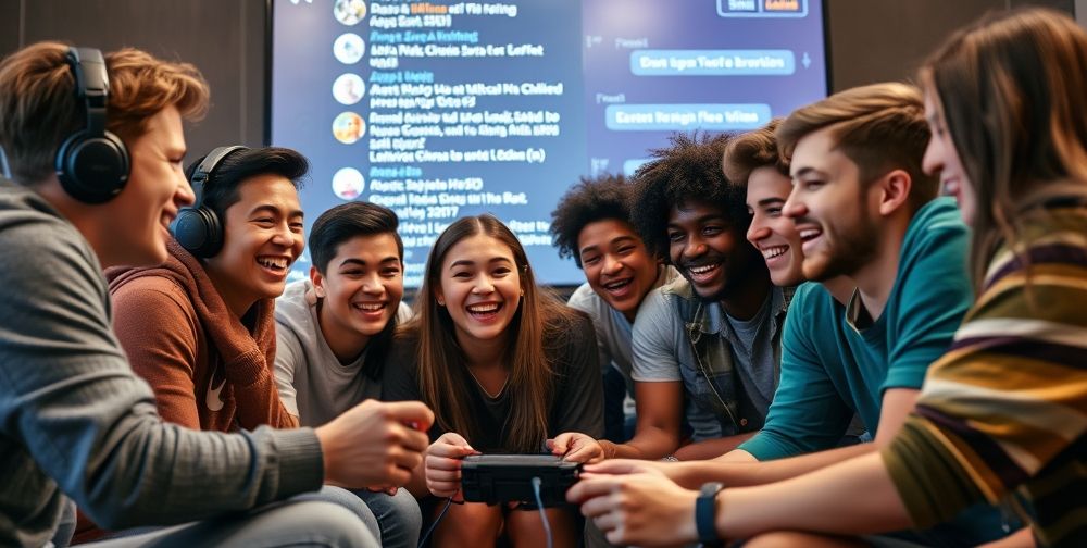 An engaging scene of diverse teenagers gathered around a gaming console, laughing and collaborating as they strategize during a competitive online multiplayer action game. Behind them, a digital display shows a chat filled with international languages and tactical commands.