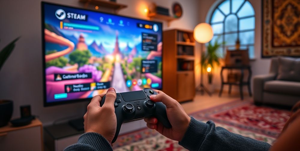 A close-up of a gamer’s hands using a Steam Controller while a large monitor displays a vibrant in-game scene, with Steam overlay showing chat and achievements popping up. Modern setup, cozy lighting, Persian décor elements.