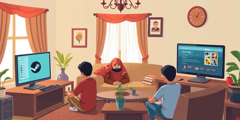 A welcoming digital Persian living room scene with young gamers gathered around computers, discussing Steam tips. One screen displays the Steam client settings page, and another shows a family member using Family Sharing, highlighting community spirit and learning.